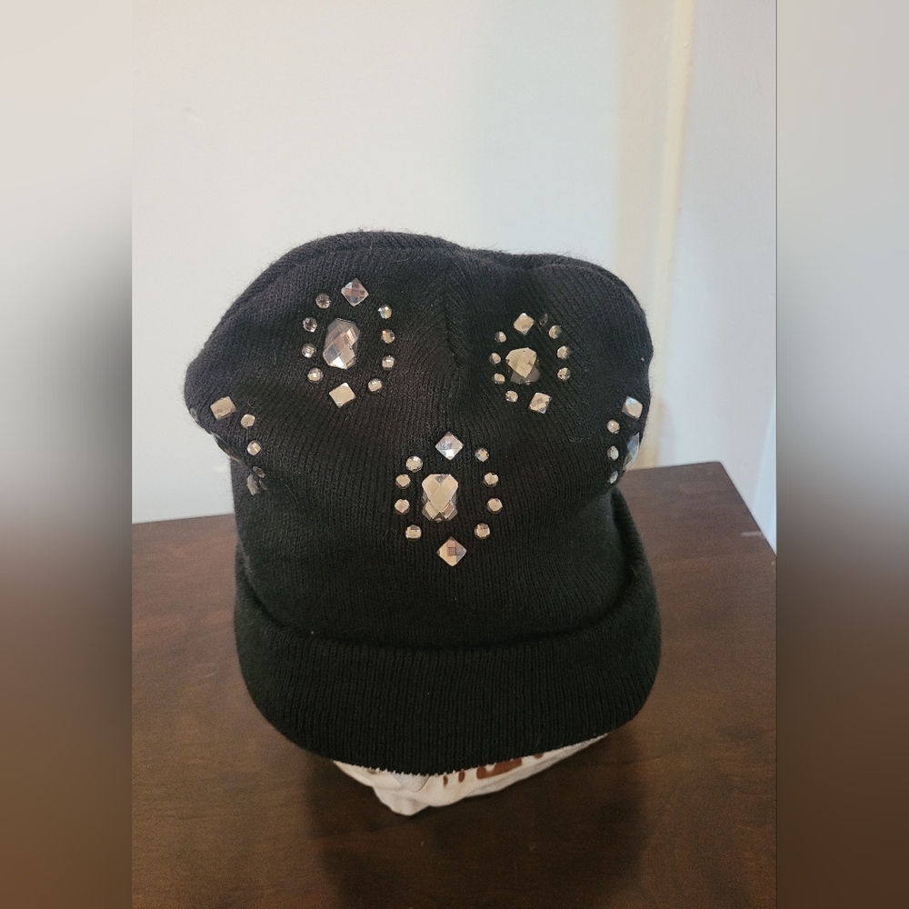 Adult Black Beanie Hat With Silver Gemstones